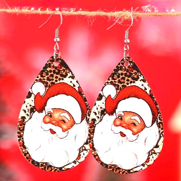 Faux Leather Leopard Print Santa Earrings - Picture 5 of 5